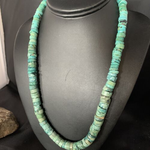 Native American Green Turquoise Heishi Bead Necklace | 12mm | Sterling Silver | Handmade | 22" | 13570