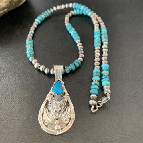 Navajo Pearl Necklace with Blue Turquoise Bullhead Pendant | Authentic Native American Sterling Silver | Multi-Stone | 11755