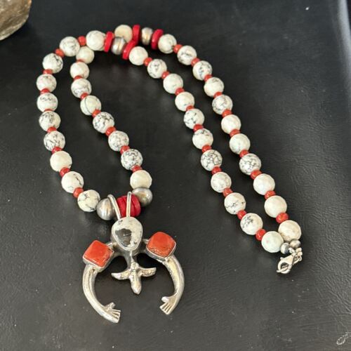 Navajo White Buffalo Turquoise Coral Naja Pendant Necklace | Sterling Silver | 24" | 14687