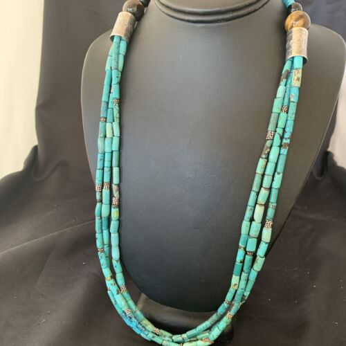 Navajo 3-Strand Tube Turquoise Bead Necklace | Sterling Silver | 26" | Authentic Native American Handmade | 11821