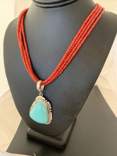 Navajo Red Coral Turquoise Bead Necklace Pendant | Sterling Silver | Multi-Strand | 1953