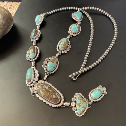 Navajo Blue Turquoise Lariat Necklace | Sterling Silver | Authentic Native American Handmade | 11468