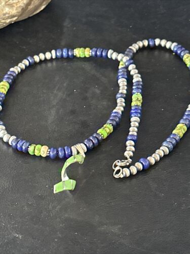 Navajo Green Turquoise Lapis Pendant Inlay Necklace | Sterling Silver | Authentic Native American Handmade | 14635