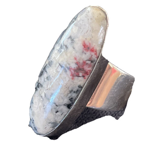 Southwestern Navajo White Black Cinnabrite Ring | Sterling Silver | Sz 7 | Authentic Native American Handmade | 1565