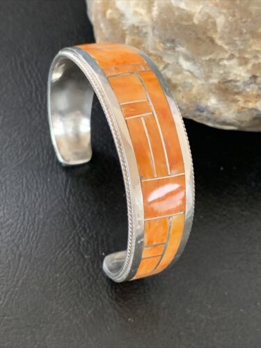 Native American Zuni Orange Spiny Oyster Inlay Cuff Bracelet | Sterling Silver | 12097