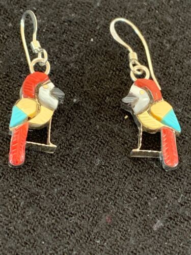 Native American Zuni Parakeet Bird Earrings | Sterling Silver Coral Turquoise | Handmade | 1713