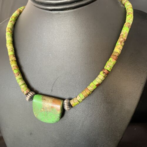 Navajo Green Gaspeite Turquoise Pendant | Sterling Silver | Authentic Native American Handmade | 13912