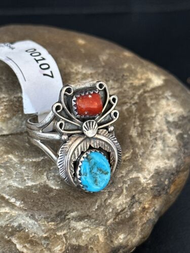 Navajo Blue Kingman Turquoise Coral Ring | Authentic Native American Sterling Silver | Multi-Stone | Sz 10 | 00107