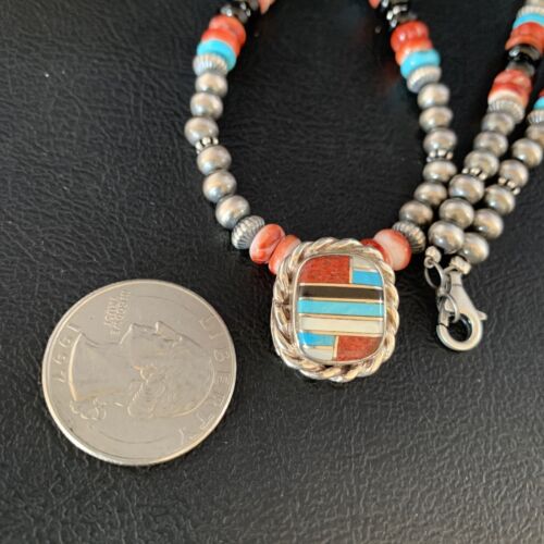 Authentic Navajo Sterling Silver Necklace | Turquoise & Onyx Multi-Color Inlay Pendant | Native American Jewelry | 13558