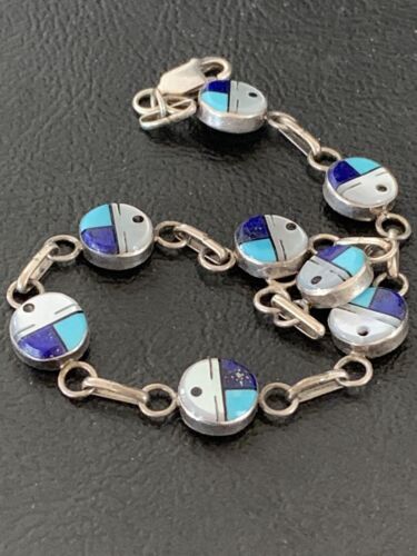 Navajo Blue Turquoise Lapis Inlay Link Bracelet | Sterling Silver | 8" | Authentic Native American Handmade | 1454