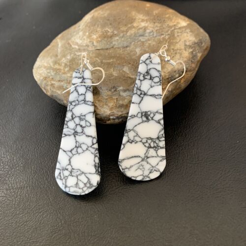 Navajo White Buffalo Turquoise Dangle Earrings | Sterling Silver | 2" | Authentic Native American Handmade | 11751