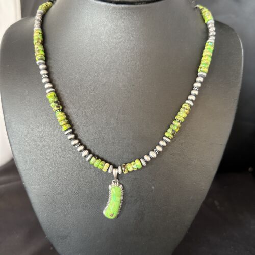 Navajo Green Turquoise Pendant Necklace | Sterling Silver | 22" | Authentic Native American Handmade | 14614