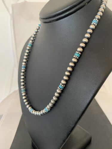 Authentic Native American Navajo Pearls Blue Turquoise Necklace | Sterling Silver Beads | Single Strand | 19" | 227