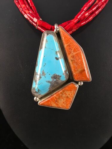 Navajo Spiny Oyster & Turquoise Pendant | Sterling Silver Coral Bead Necklace | Multi-Strand | 8477