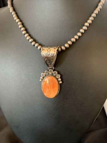 Navajo Orange Spiny Oyster Pendant Necklace | Sterling Silver | Authentic Native American Handmade | 13083