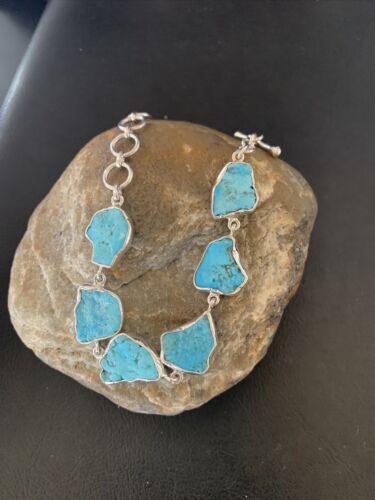 Navajo Blue Kingman Turquoise Rough Link Bracelet | Sterling Silver | 8" | 11652
