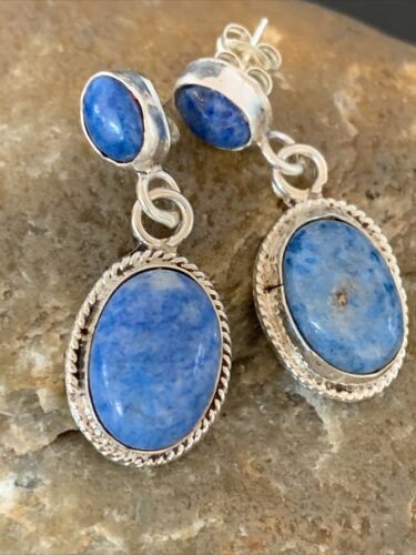 Navajo Denim Lapis Dangle Earrings | Sterling Silver | 1.1" | Authentic Native American Handmade | 1699