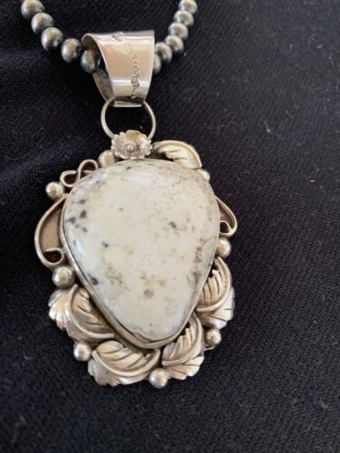 Navajo Pearls Necklace with White Buffalo Turquoise Pendant | Sterling Silver | Authentic Native American Handmade | 349