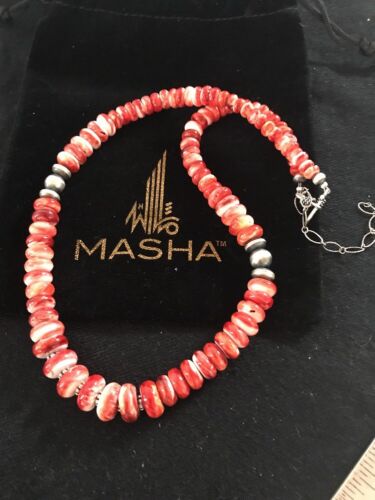 Navajo Red Spiny Oyster Necklace | Sterling Silver | Authentic Native American | Graduated 18" | 12715