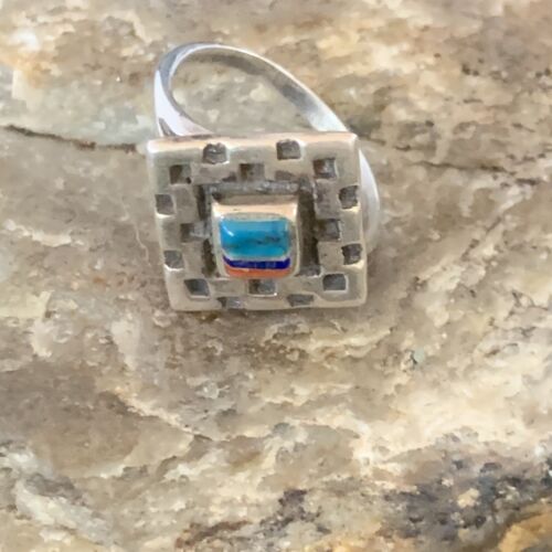 Native American Women's Navajo Green Turquoise Coral Inlay Ring | Sz 7.5 | 13159