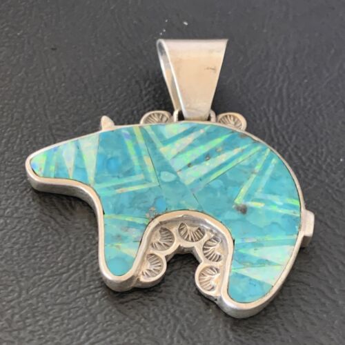 Navajo Blue Turquoise Opal Inlay Pendant | Sterling Silver | Authentic Native American Handmade | 12603