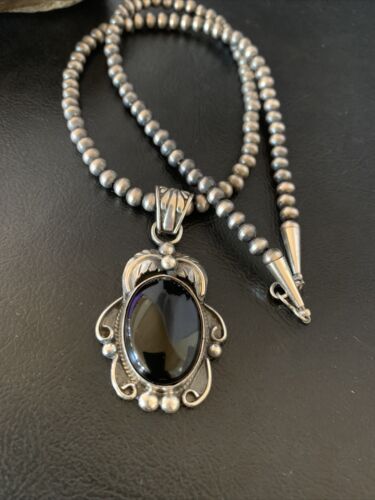 Native American Men's Navajo Pearls Necklace Pendant | Sterling Silver Black Onyx | 13091