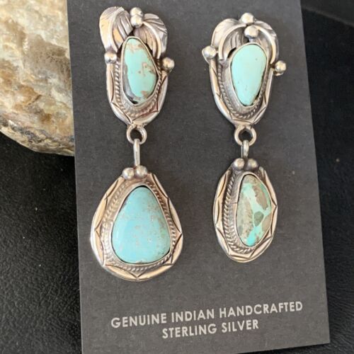 Navajo Blue Dry Creek Turquoise Post Dangle Earrings | Sterling Silver | Authentic Native American Handmade | 13877 - Masha USA