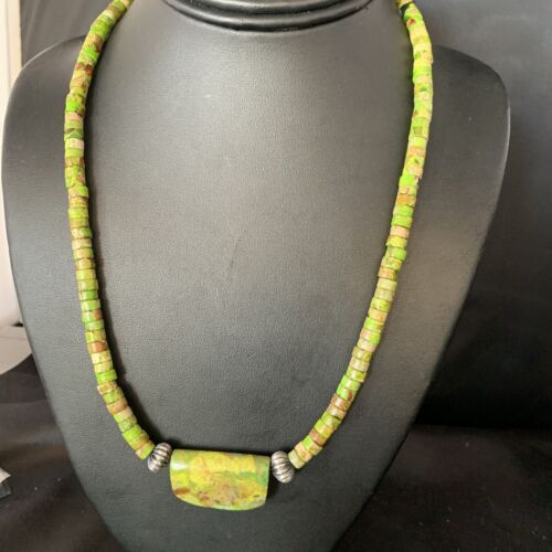 Navajo Green Gaspeite Turquoise Pendant | Sterling Silver | Authentic Native American Handmade | 13916