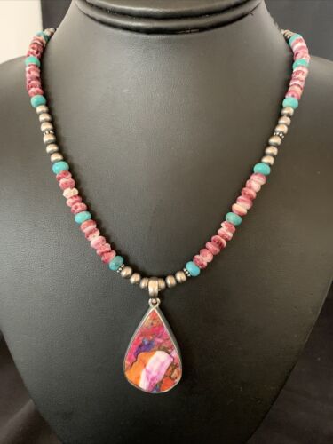Navajo Pearls Necklace with Turquoise & Purple Spiny Oyster Pendant | Sterling Silver | 13293