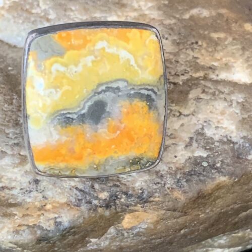 Yellow Square Bumble Bee Jasper Ring Sz 8 Adjustable | Navajo Sterling Silver | Handmade 14022