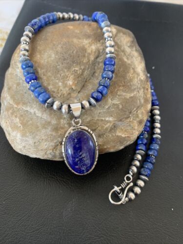 Navajo Pearls Lapis Pendant Necklace | Sterling Silver | Native American Handmade | 01775