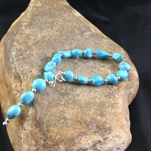 Native American Sterling Silver Bracelet | Sleeping Beauty Turquoise Inlay | 6.75" | 10146