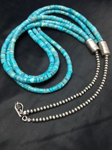 Navajo Turquoise Heishi 3 Strand Necklace | Sterling Silver | Authentic Native American Handmade | 2583