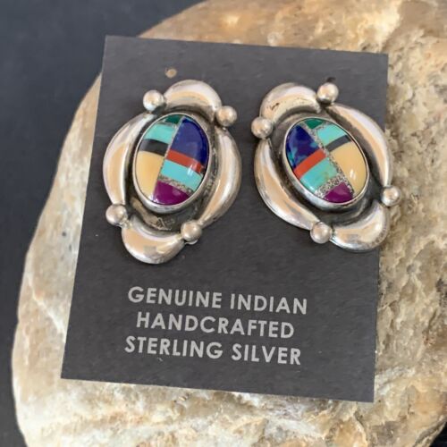 Native American Women's Sterling Silver Blue Turquoise Multi-Color Earrings | Handmade | 13015