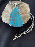 Navajo Pearls Sterling Silver Blue Spiderweb Turquoise Necklace Pendant | Men's Southwestern | 00918