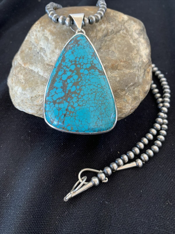 Navajo Pearls Sterling Silver Blue Spiderweb Turquoise Necklace Pendant | Men's Southwestern | 00918