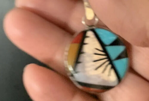 Zuni Multi-Color Turquoise Onyx Necklace | Sterling Silver Inlay Pendant | Native American Handmade | 13564