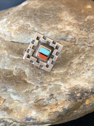 Native American Women's Navajo Blue Turquoise Coral Inlay Ring | Sz 8 | 13132