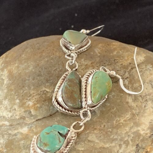 Navajo Green Royston Turquoise Dangle Earrings | Sterling Silver | Authentic Native American Handmade | 1498