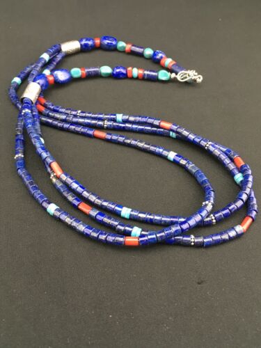 Southwestern Navajo Lapis Turquoise Necklace | 3-Strand | Sterling Silver | 24" | 1361