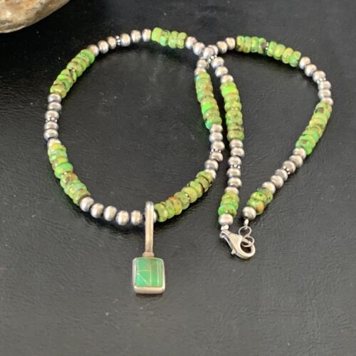 Navajo Green Gaspeite Turquoise Pendant | Sterling Silver | Authentic Native American Handmade | 13266