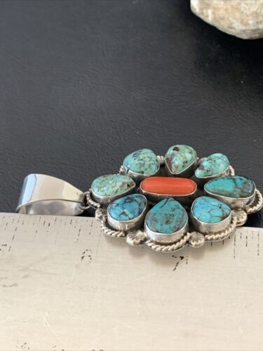Navajo Cluster Coral Spiderweb Turquoise Pendant | Sterling Silver | Authentic Native American Handmade | 2227