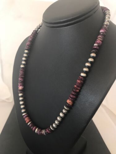 Navajo Purple Spiny Oyster & Turquoise Necklace | Sterling Silver | Authentic Native American | Single Strand | 20" | 11747