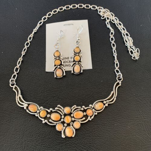 Navajo Orange Spiny Oyster Necklace & Earrings Set | Sterling Silver | Authentic Native American Handmade | 2102
