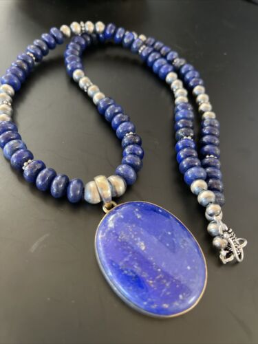 Navajo Pearls Sterling Silver Necklace with Blue Lapis Pendant | Authentic Native American Handmade | 11352