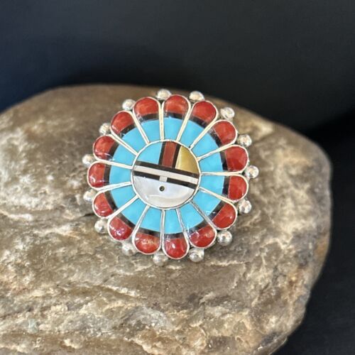 Zuni Sun Face Inlay Ring | Sterling Silver Coral Turquoise Onyx Mother of Pearl | Sz 6.5 | 14452