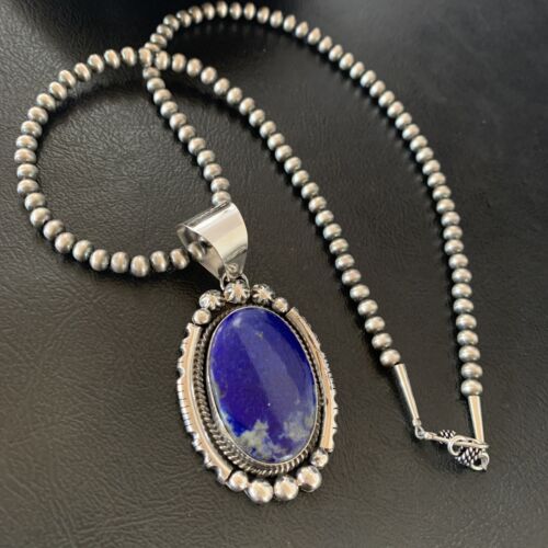 Native American Navajo Blue Lapis Pendant Necklace | Sterling Silver | Authentic Handmade | 11679 - Masha USA