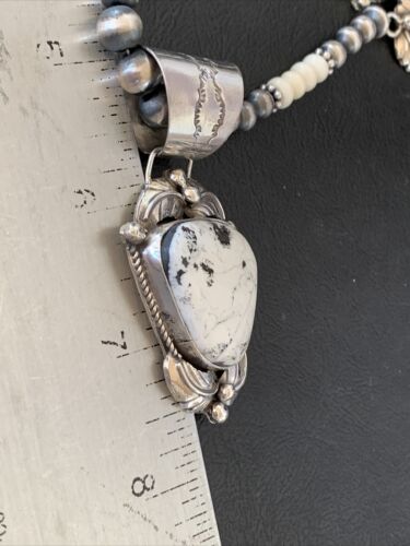 Navajo Pearls White Buffalo Turquoise Necklace Pendant | Sterling Silver | Authentic Native American Handmade | 10868