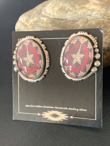 Navajo Red Rug Design Stud Earrings | Sterling Silver | 1" | Authentic Native American Handmade | 13110