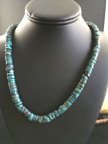 Native American Green Turquoise Heishi Necklace | Sterling Silver | 26" | 13901